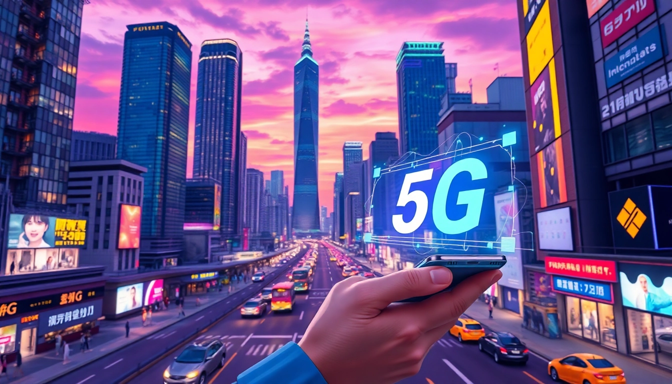香港城市夜景，繁忙街道上智能手機顯示5G信號，充滿未來感的科技氛圍