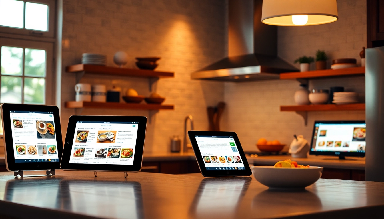 Gathering tools and a tablet displaying tips to collect recipes digitally in an organized kitchen setup for efficient meal planning.