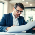 Business loan process illustration showing a confident entrepreneur analyzing funding options in a modern office.