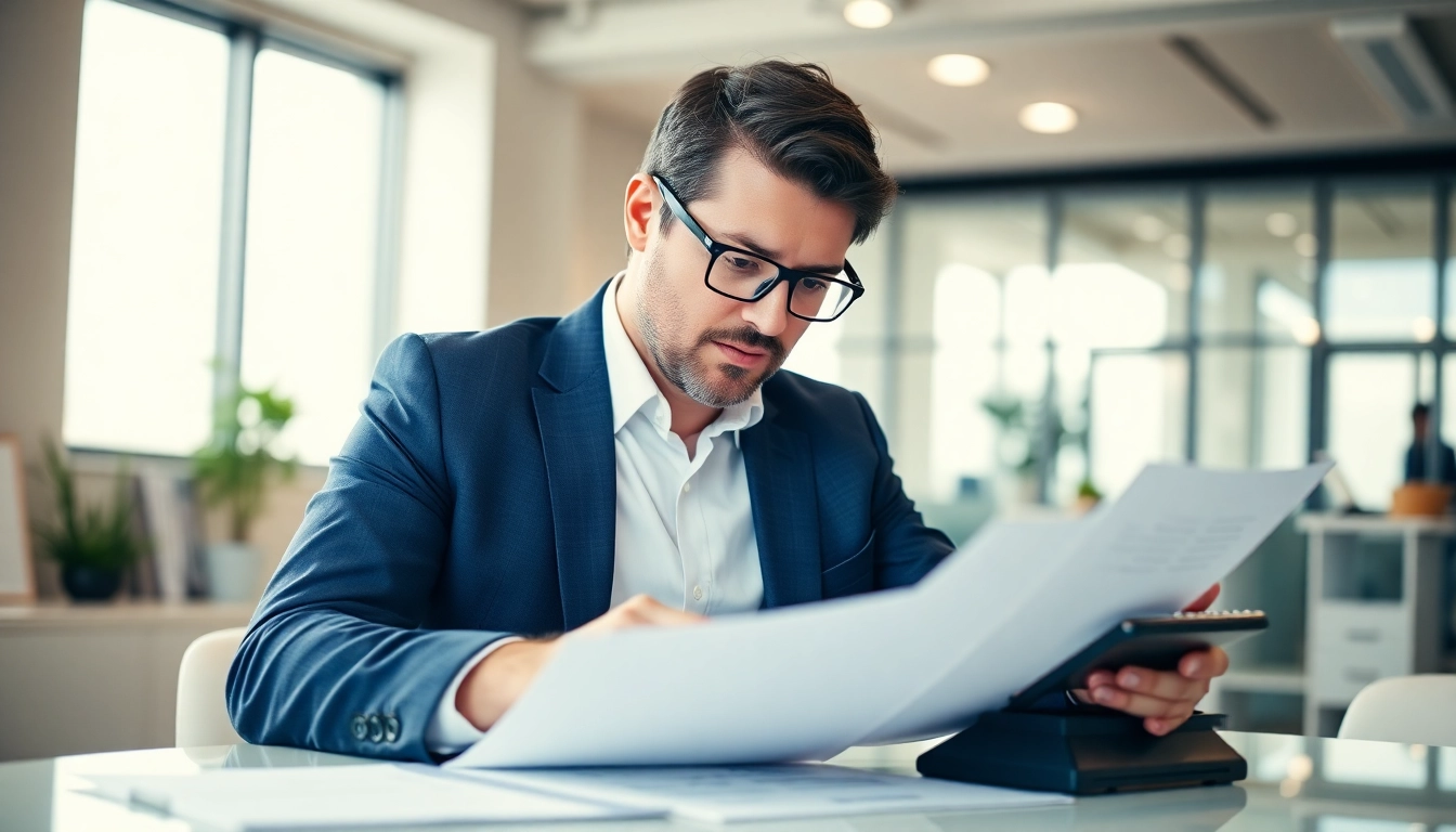 Business loan process illustration showing a confident entrepreneur analyzing funding options in a modern office.