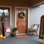Welcome signs adorn a charming front porch, inviting guests with rustic wooden designs and personalized details.