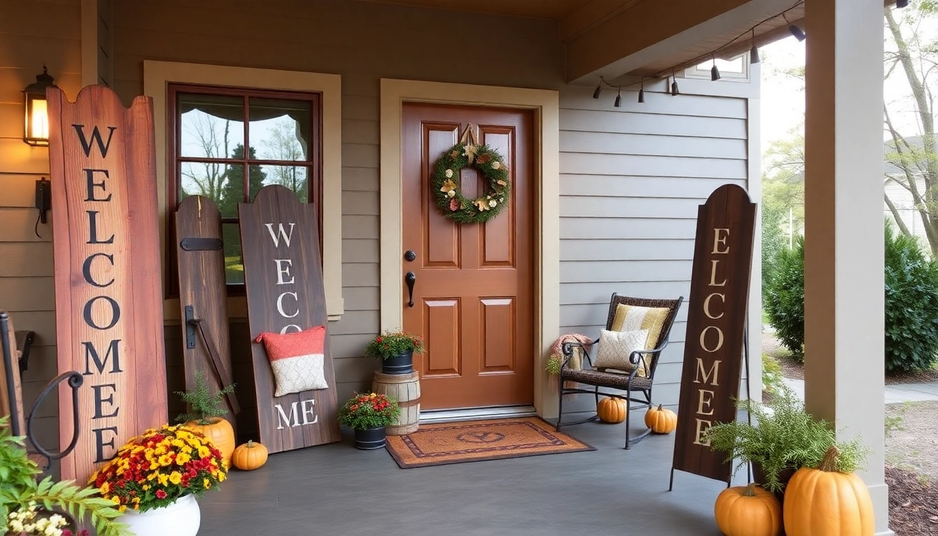 Welcome signs adorn a charming front porch, inviting guests with rustic wooden designs and personalized details.