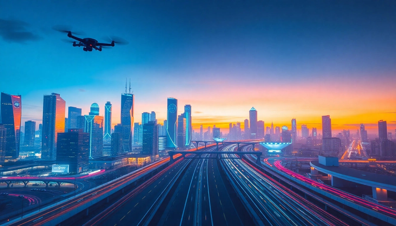 Showcasing technology in a futuristic city with drones and AI traffic systems under a vibrant sunset.