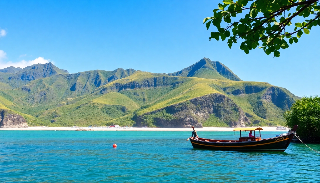 Scenic sunset over Lombok with lush hills, clear blue waters, and traditional fishing boats, capturing island's natural beauty.