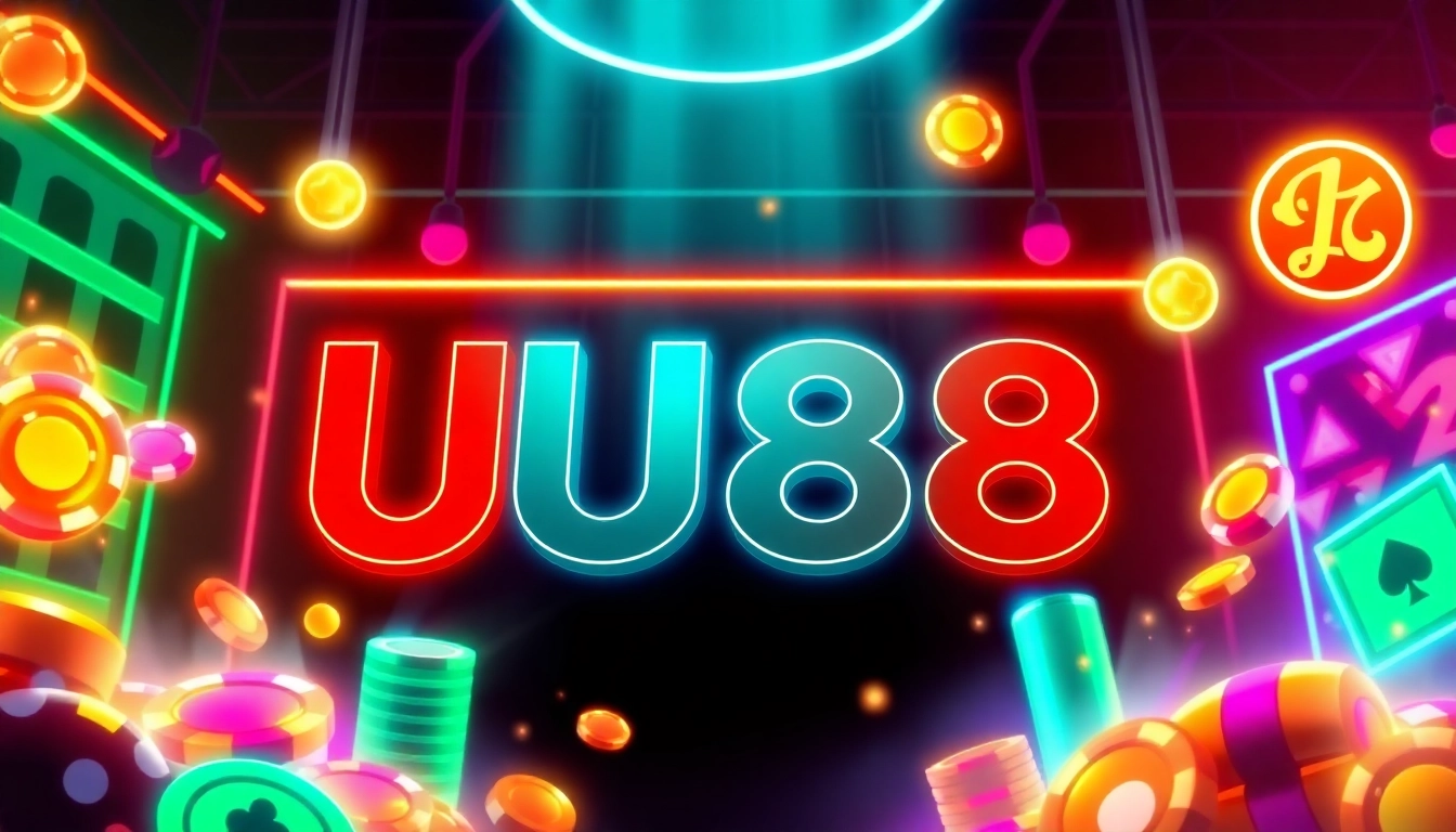 UU88 online casino platform with engaging visuals, neon accents, and gaming icons to attract new players.