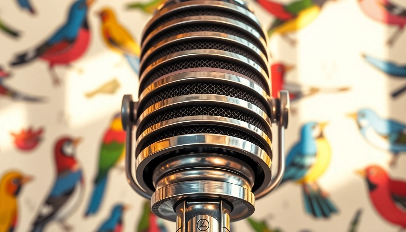 Bird Talk Radio hosts engaging with colorful wild birds, capturing natural environment and broadcasting setting, emphasizing bird discussion.