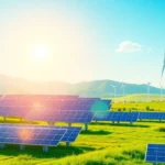 Renewable energy sources like solar panels and wind turbines in a lush landscape, powering sustainable development across India.
