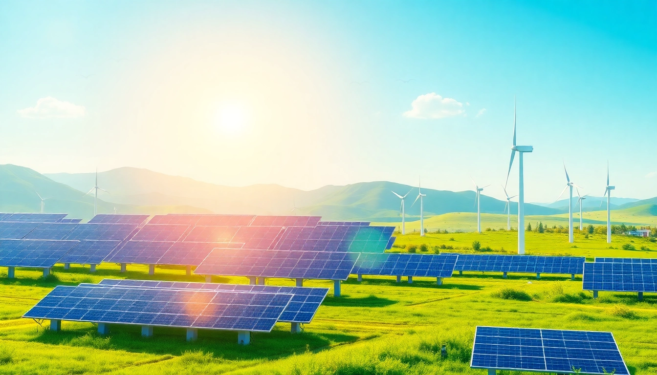Renewable energy sources like solar panels and wind turbines in a lush landscape, powering sustainable development across India.