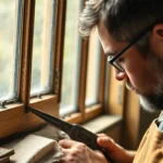 Sash window repair showing detailed restoration of wooden sashes and traditional tools in use, emphasizing craftsmanship and durability