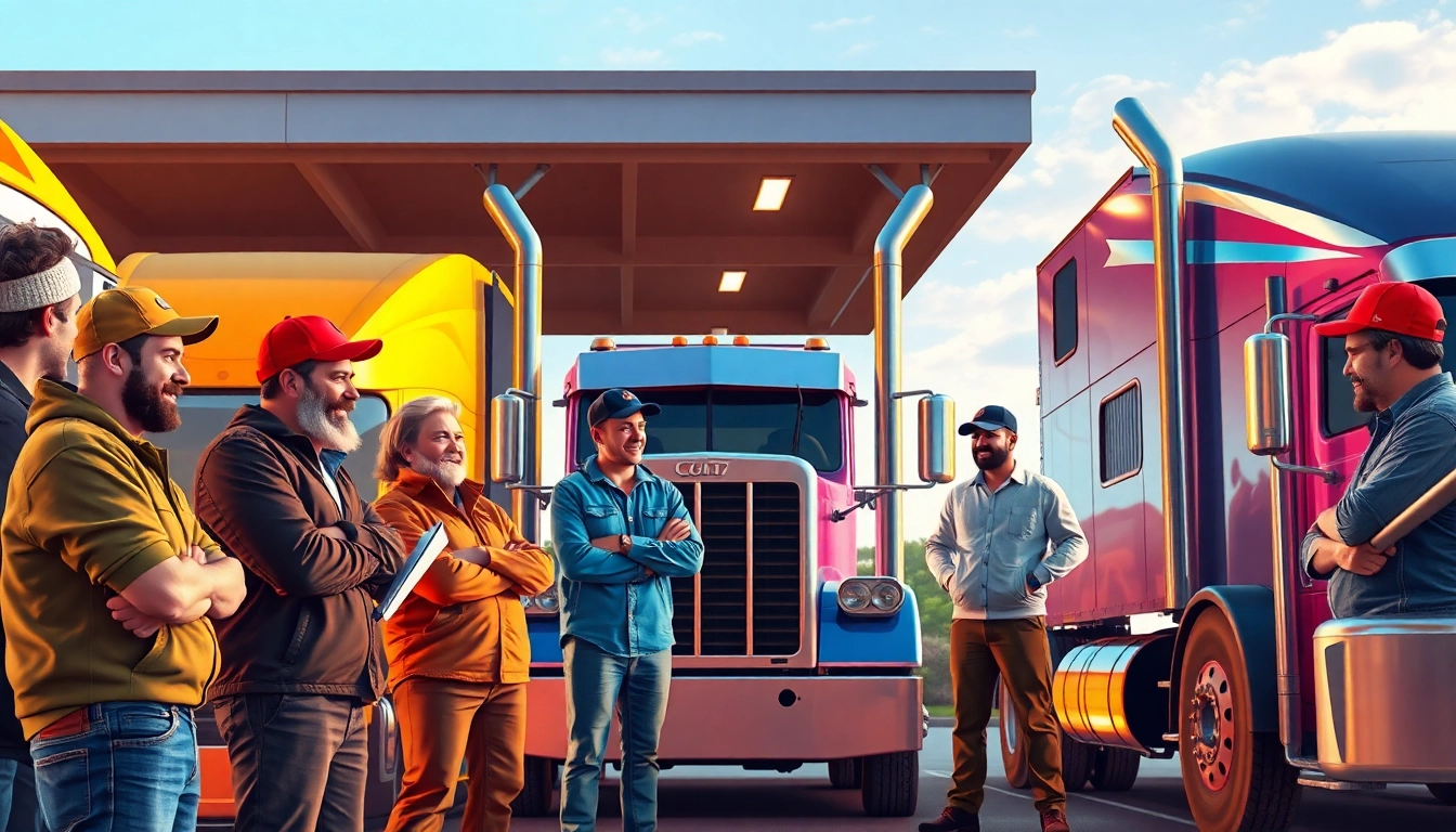 Truckers sharing honest reviews at a busy, well-lit truck stop with trucks and friendly drivers, highlighting community and industry insights for drivers on the road.