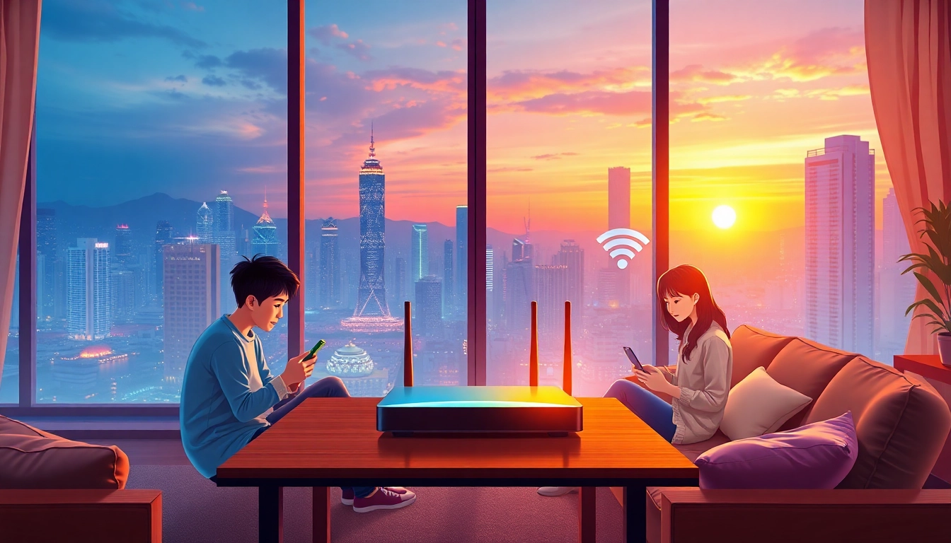 香港家庭在客廳使用多個設備，背景是夕陽下的城市天際線，展示高速寬頻上網的現代生活場景。