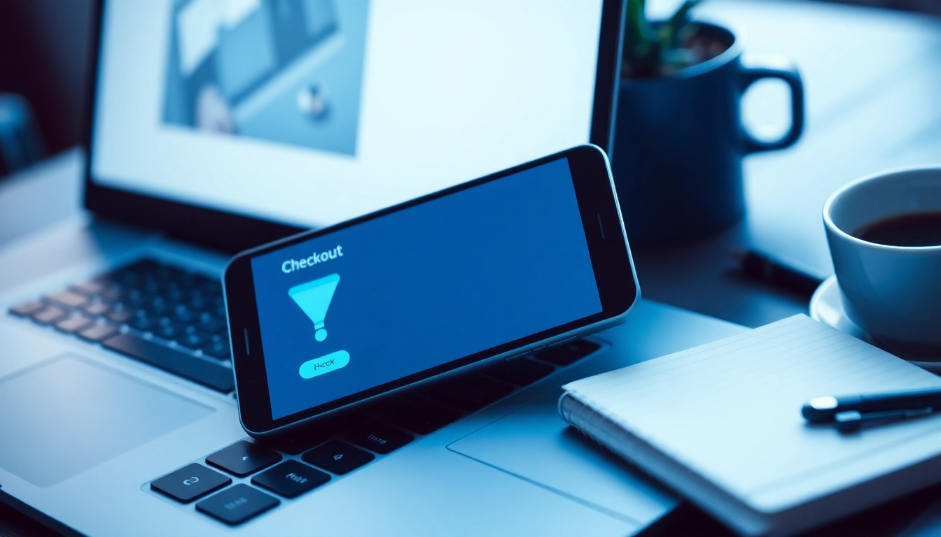 technology-driven UX: optimized checkout flow across devices with vibrant UI cues.