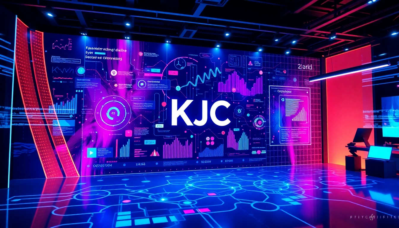 KJC logo prominently displayed on a sleek digital platform, symbolizing a global digital entertainment ecosystem, emphasizing connectivity and innovation.