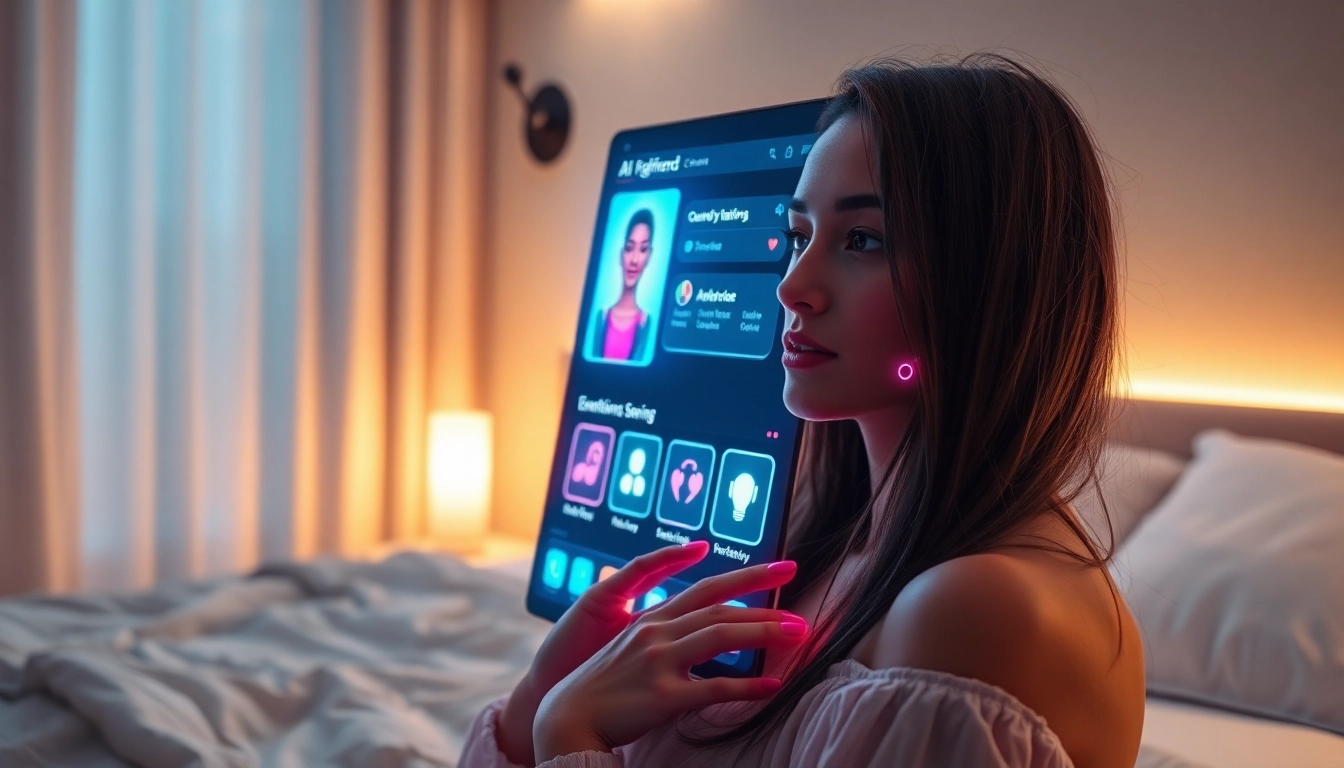 A futuristic digital interface showing an AI girlfriend app with customizable features on a high-tech screen in a cozy bedroom setting.