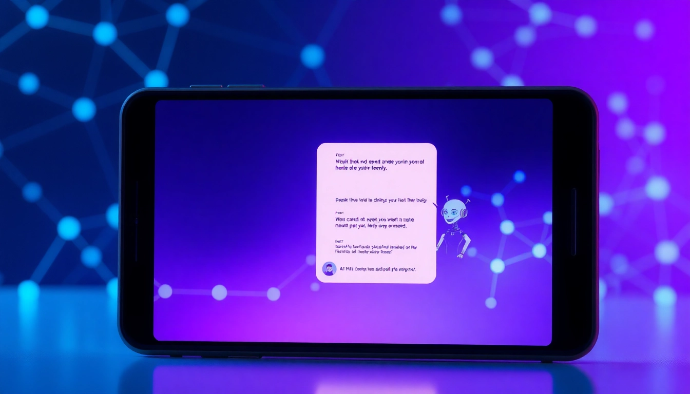 Futuristic AI chat interface on a modern device with a digital avatar and network background