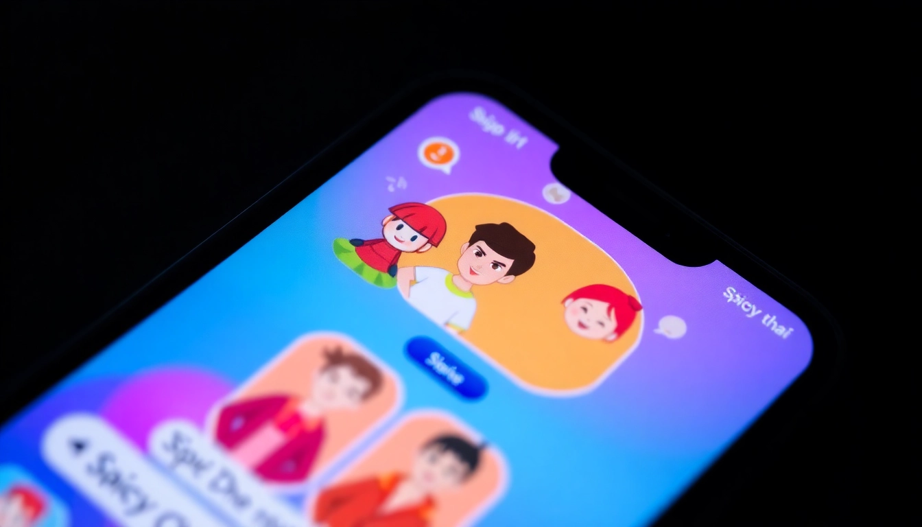 Engaging spicychatai conversation on a sleek smartphone with vivid visuals and animated avatars for user interaction.