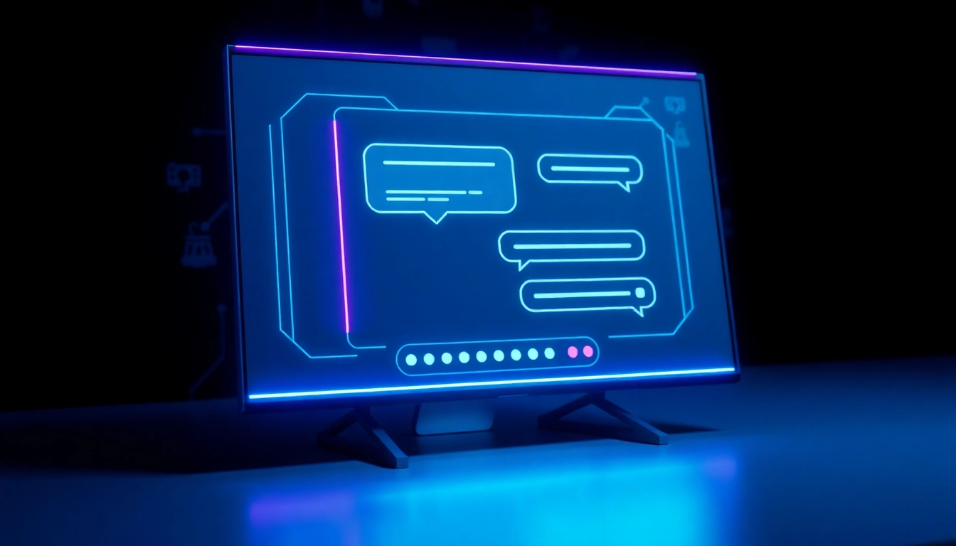 A futuristic AI chatbot interface with neon accents and abstract circuitry background.