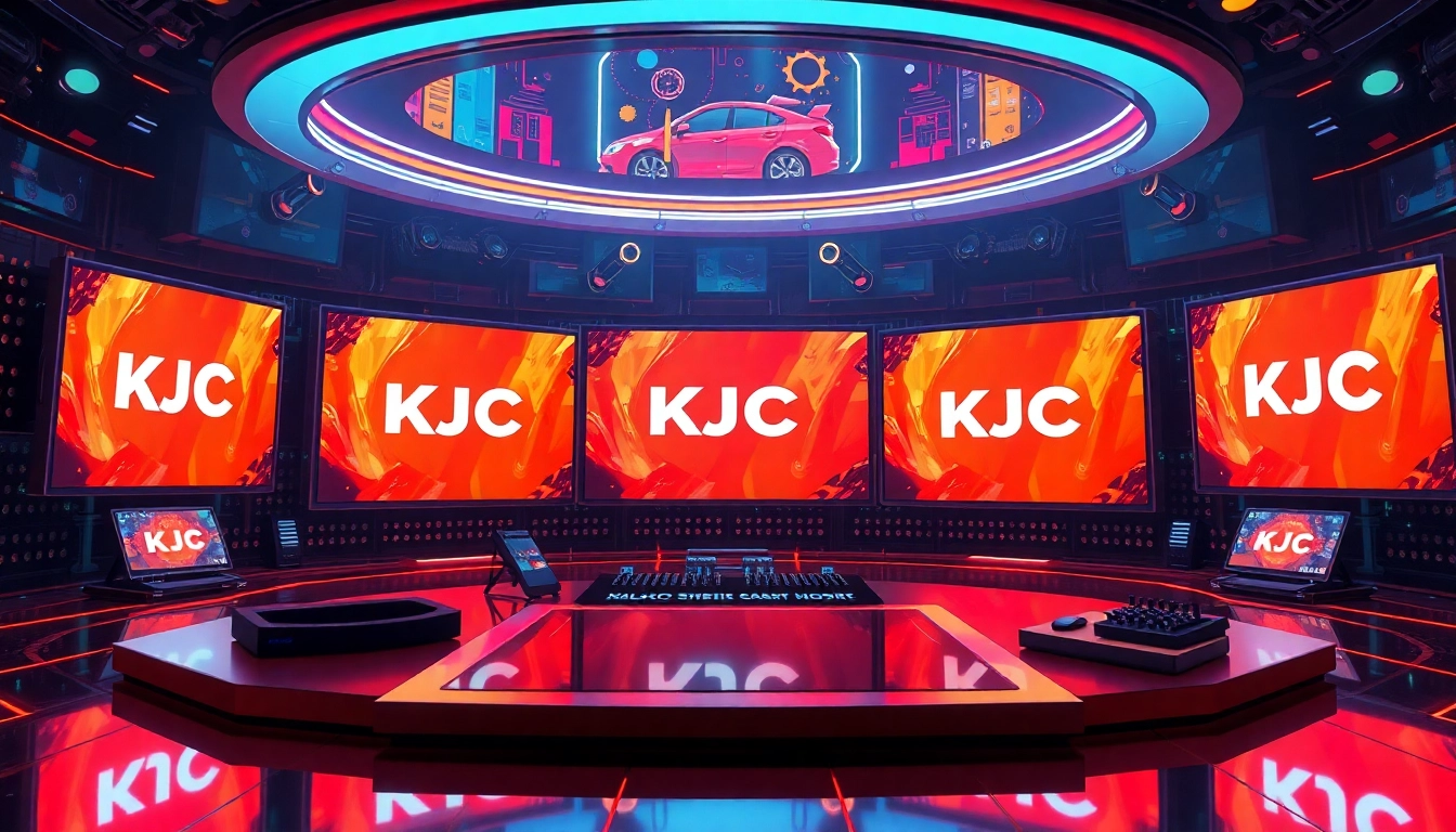 KJC branding in a high-tech digital environment, showcasing innovation and global connectivity for users and partners.