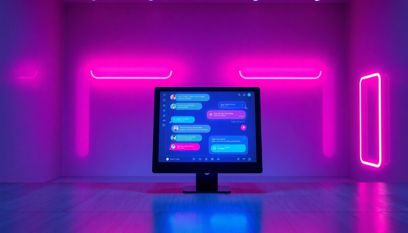 Futuristic AI chatbot interface on a high-tech digital screen with neon accents and glowing chat bubbles.