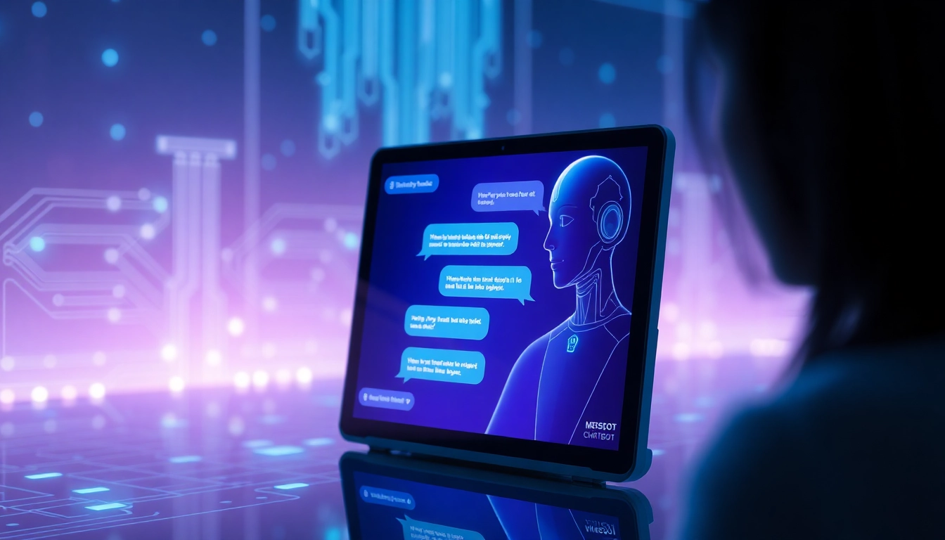 Futuristic AI chatbot interface with glowing text bubbles and high-tech background
