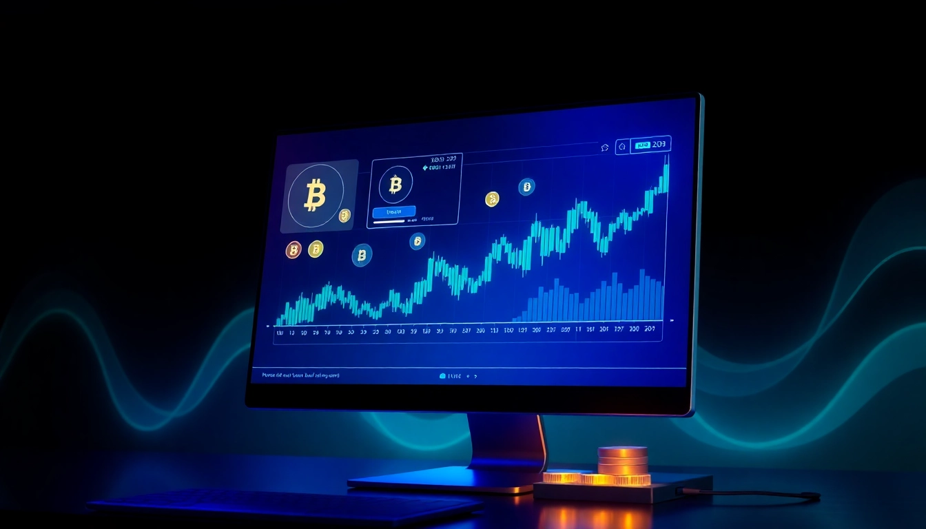 Cryptocurrency market analysis with digital coins and trading charts on a screen, highlighting