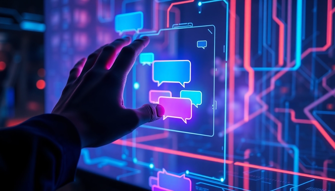 Close-up of a user interacting with a holographic AI chat interface on a futuristic device.