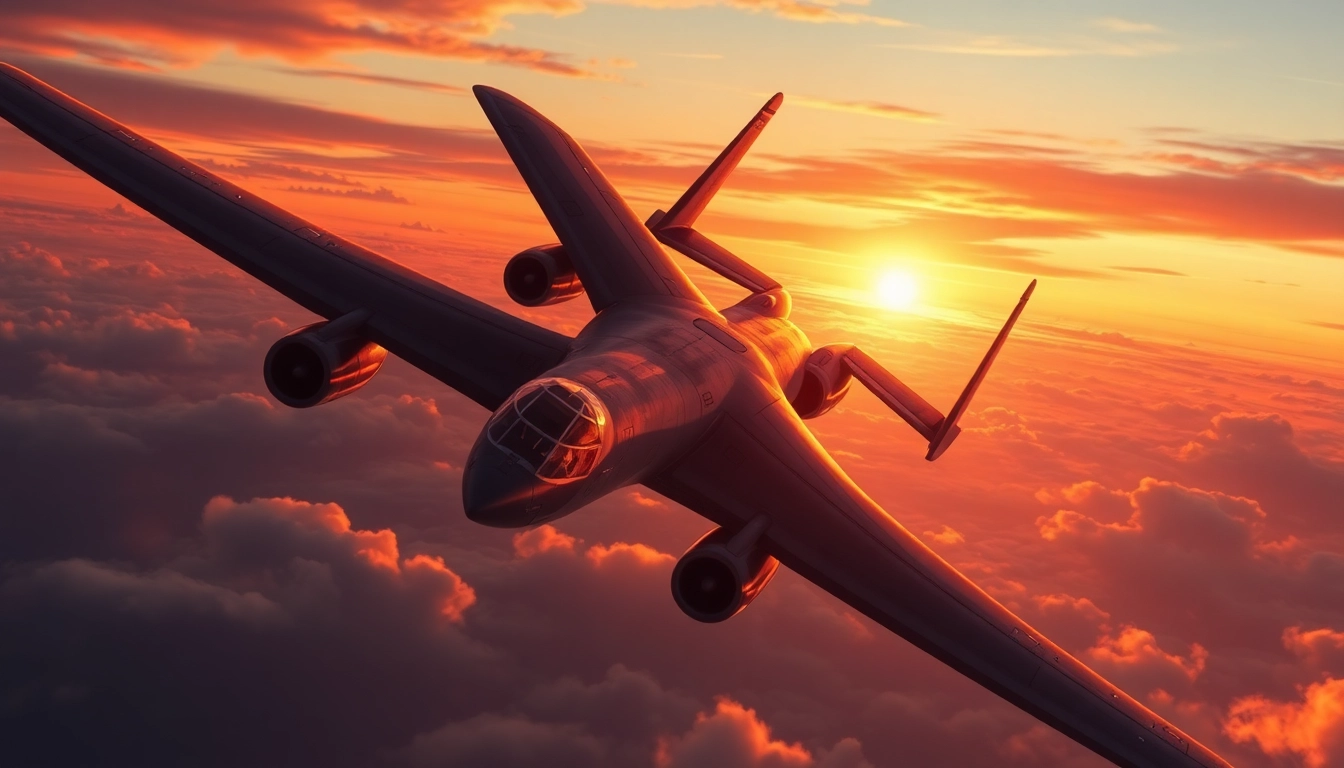 The B52 bomber soaring at dusk, showcasing its long wingspan and powerful presence in the sky.