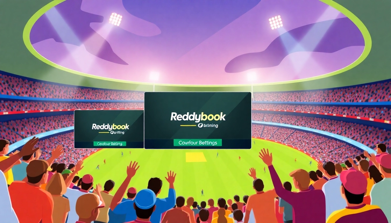 Bold Reddybook branding displayed on a sleek betting platform, highlighting online cricket betting opportunities with engaging visuals and energetic colors.
