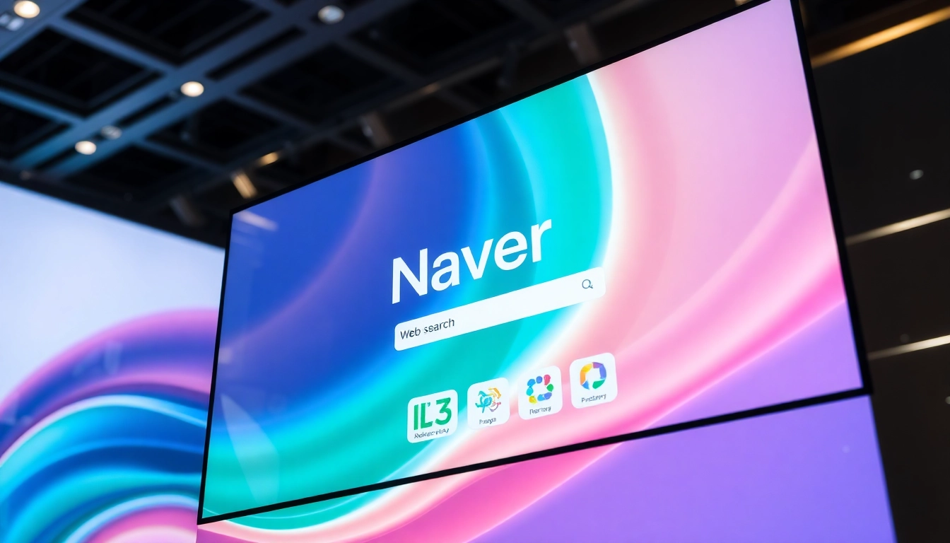 Naver logo with vibrant icons representing search, blogs, maps, and payment services on a digital interface, highlighting its role as a leading South Korean online platform.