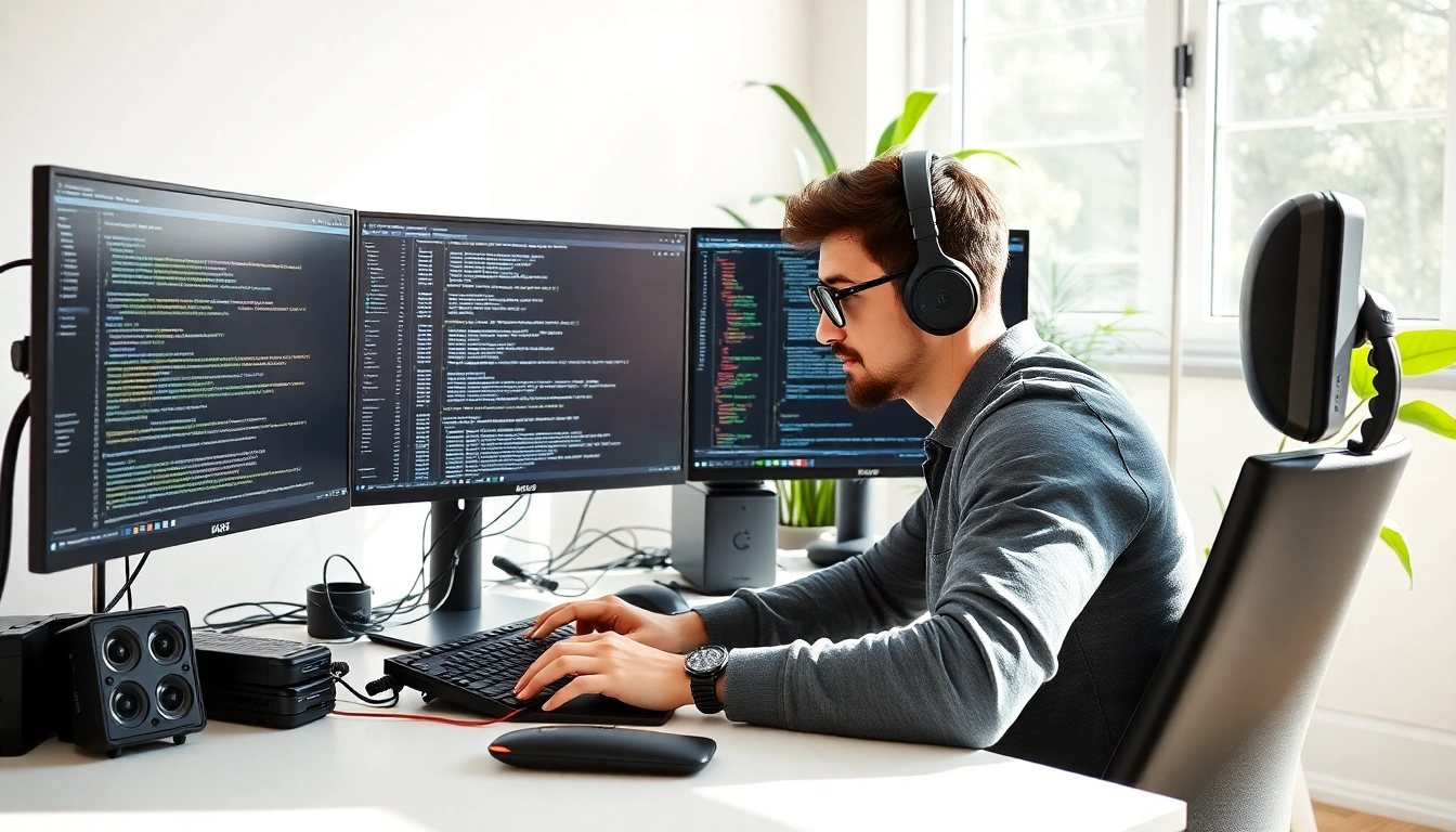 Python freelance developer coding remotely with multiple screens and modern workspace