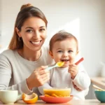 Show a mother feeding her baby with silicone utensils emphasizing alimentazione naturale per
