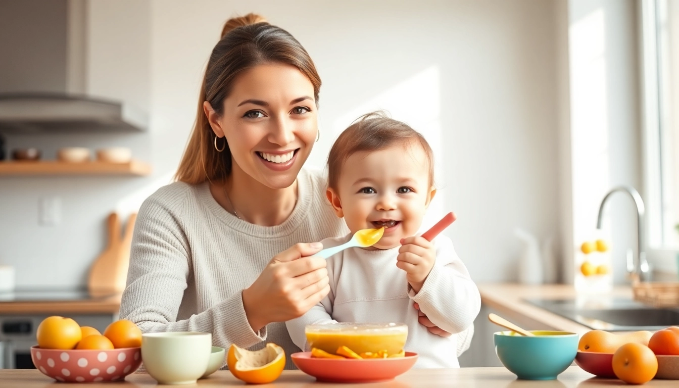 Show a mother feeding her baby with silicone utensils emphasizing alimentazione naturale per