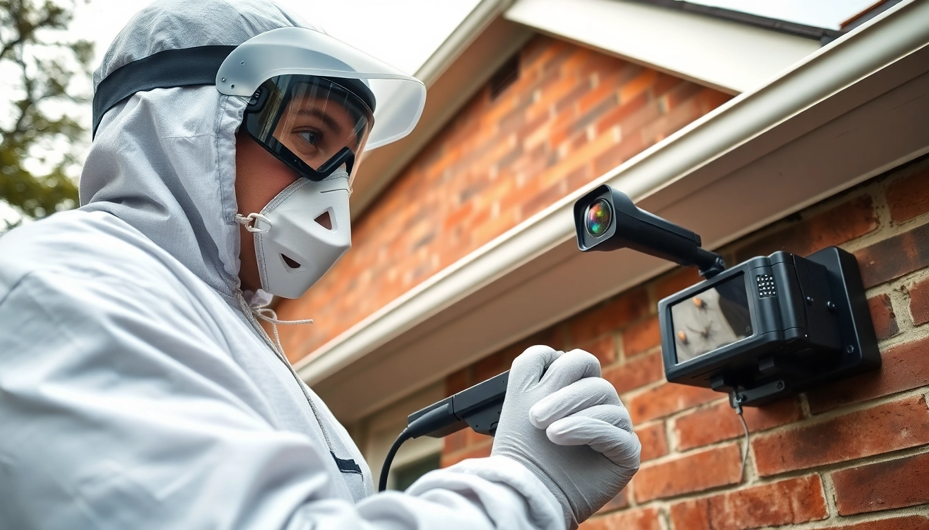 Professionele ongediertebestrijder inspecteert huis op wespen met technische apparatuur