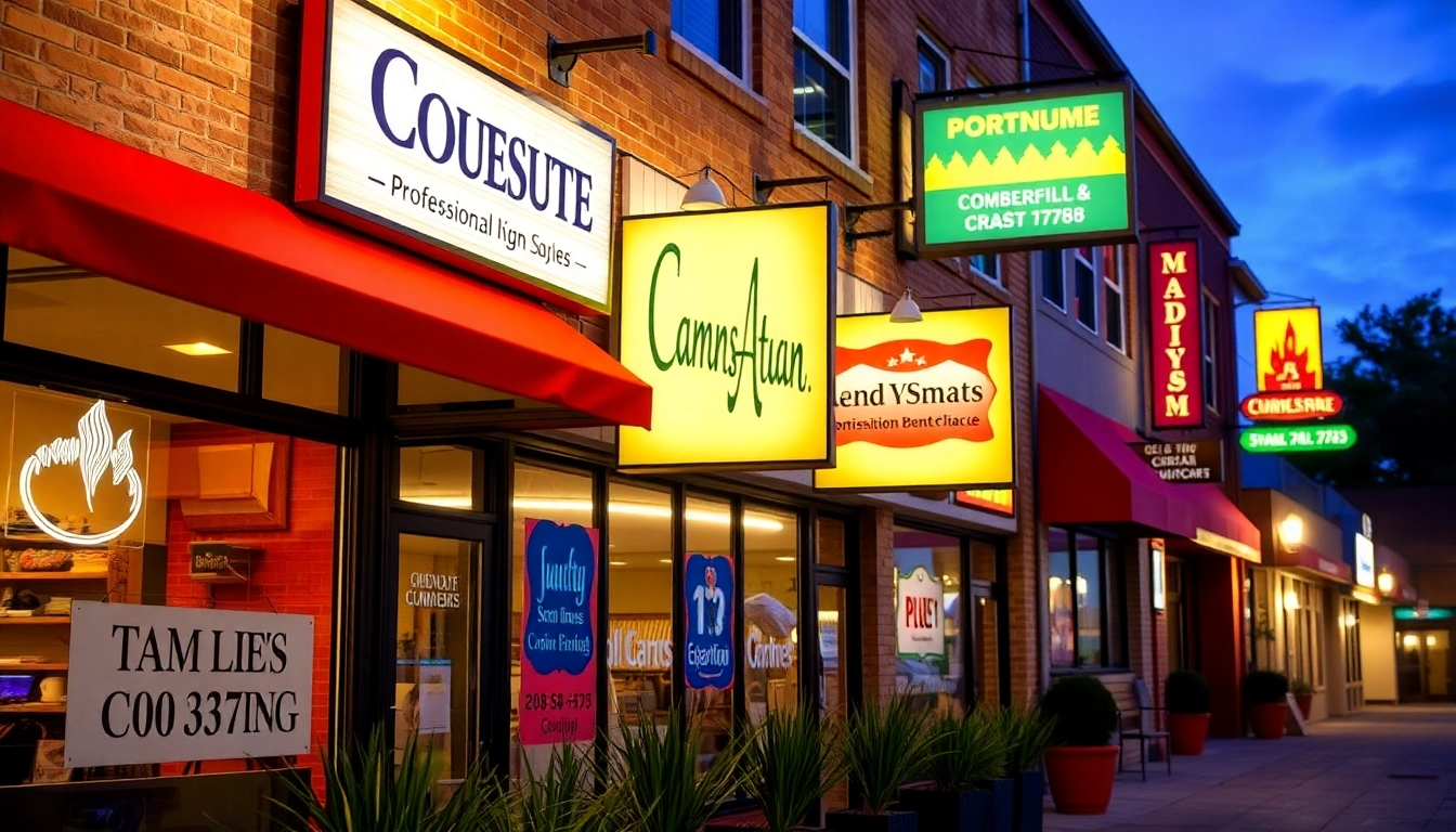 Custom signs designed for business storefronts showcasing varied styles and vibrant colors to