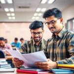Active government job seekers studying for Sarkari Naukri with books and a laptop in a bright