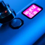 Detailed shot of a Hitz 2g disposable vape showing the clear LCD display, ceramic coil, and