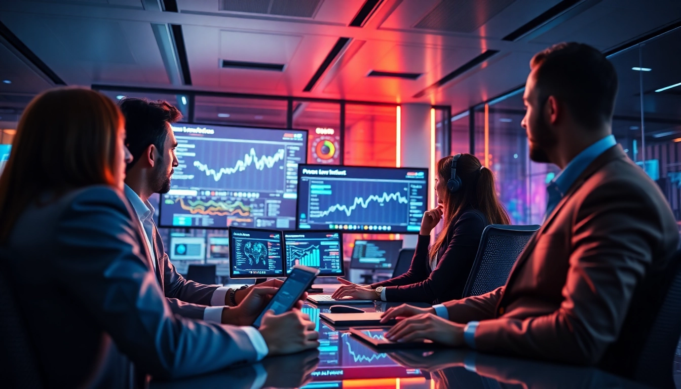 Business professionals reviewing tech investment news on digital screens in a modern office setting