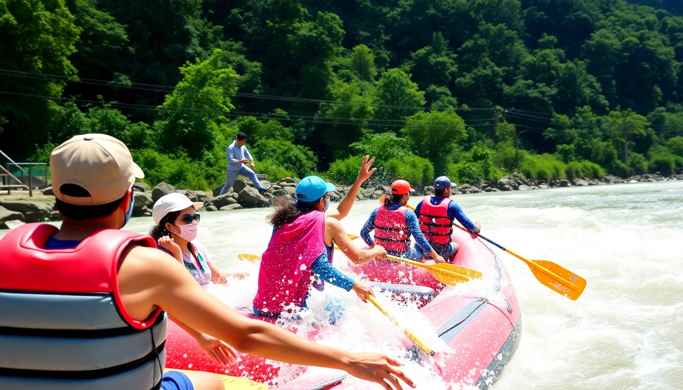 Adventurers experienced in Dandeli River Rafting navigating thrilling rapids amidst lush forest