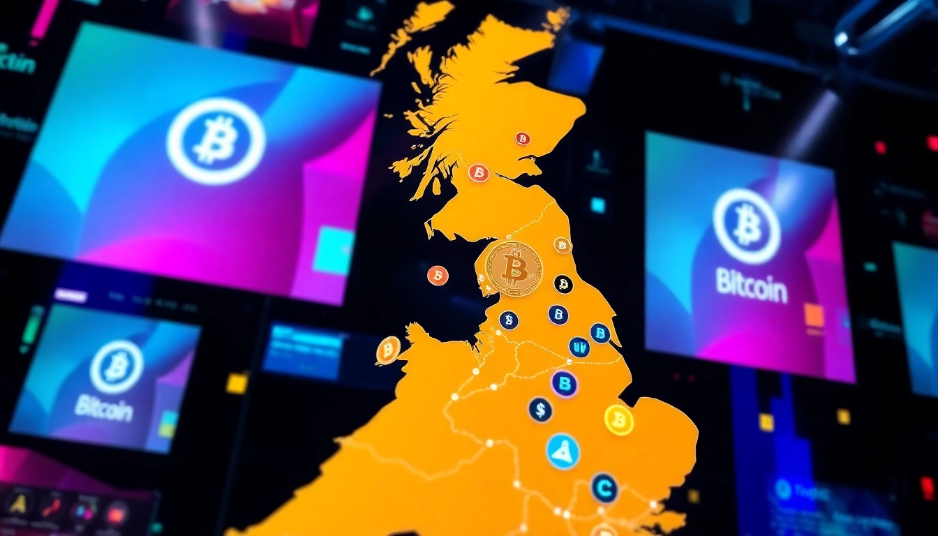 Cryptocurrency News UK featuring bitcoin and digital assets displayed on a UK map for financial