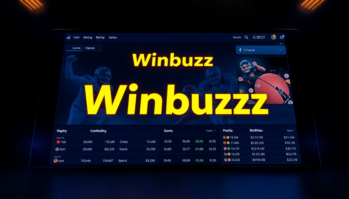 Winbuzz branding on a digital betting platform with sports icons and vibrant visuals for online