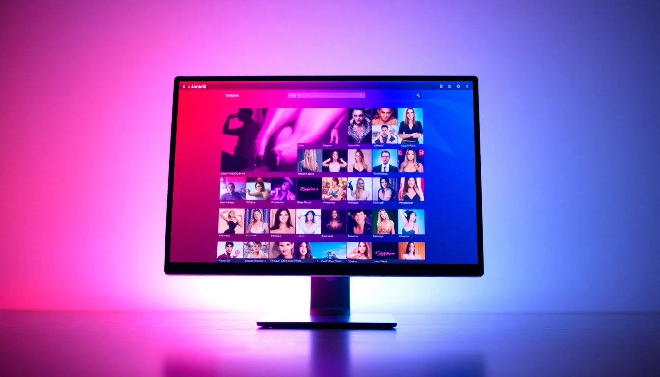 An illustration of a computer screen displaying a vibrant adult website interface with thumbnails from various categories.