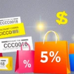 Slevovy kod with vibrant icons of shopping bags, discount tags, and percentage signs