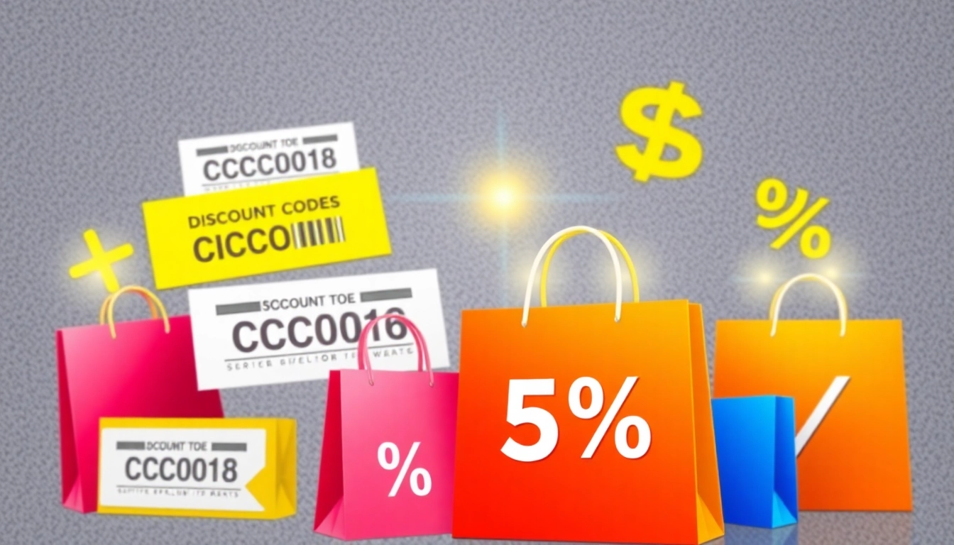 Slevovy kod with vibrant icons of shopping bags, discount tags, and percentage signs