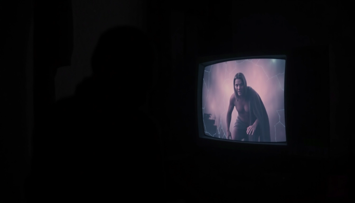 A person watches a horror video on a flickering screen with a spooky, dark background, creating a chilling atmosphere.