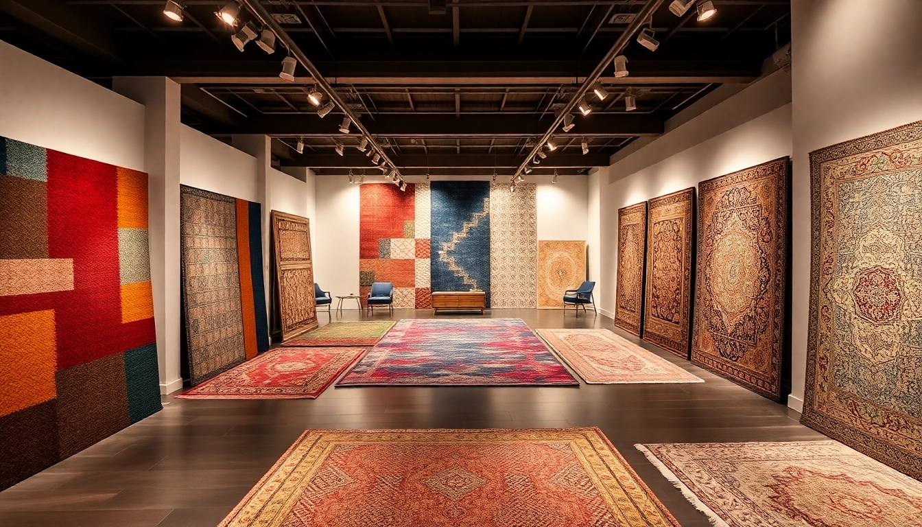 Tappeti a Milano displayed in a stylish showroom with vibrant patterns and intricate textures.