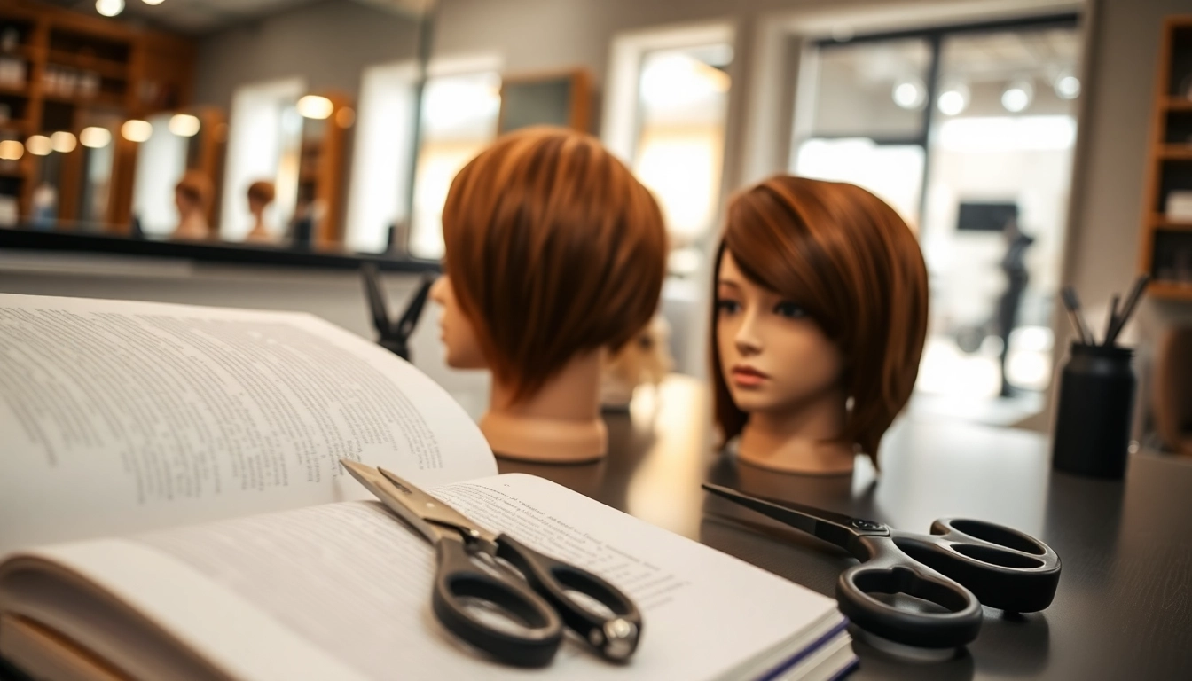 High-quality hair cutting textbooks with styling tools and mannequin heads for professional