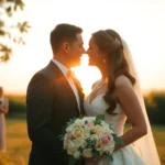 Professional photographer showcasing eskuvoi fotozas with a happy couple in outdoor setting for