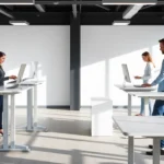 Premium standing desks in a bright office environment, showing adjustable features and modern