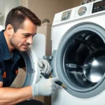 Expert technician performing Waschmaschinen Reparatur Berlin at a customer's home with modern