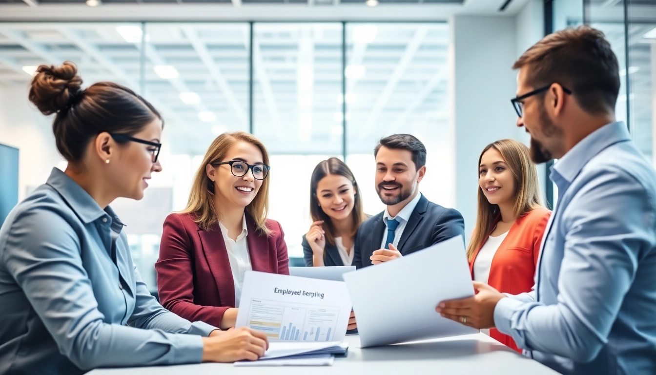 Business professionals analyzing employee benefits plan strategies to enhance team wellbeing